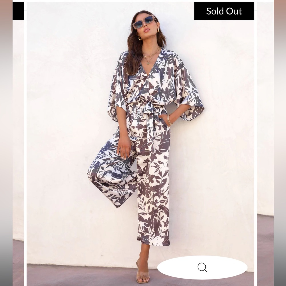 Vici Cream and Brown Floral Jumpsuit with Tie Waist